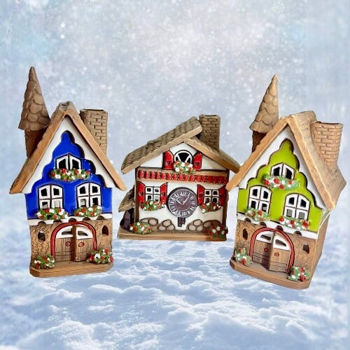 Christmas Ceramic House Collection - Handmade Collectible Miniature, Candle Holder, Room Decoration, Home Decor (R90 green)