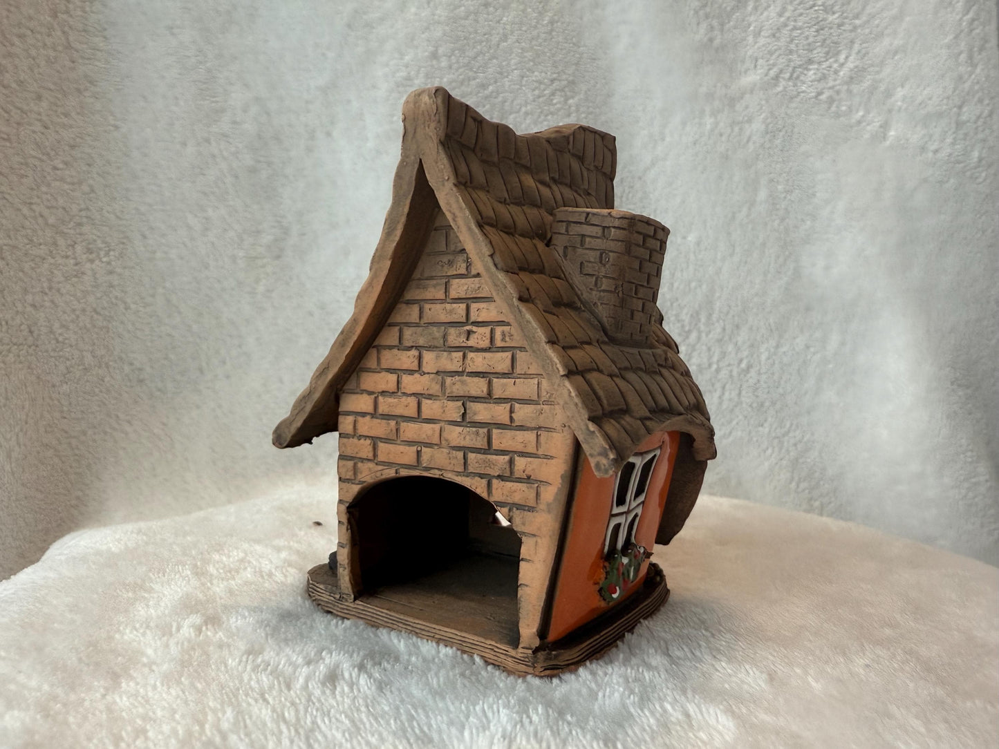 Christmas Ceramic House Collection - Handmade Collectible Miniature, Candle Holder, Room Decoration, Home Decor (R55 Orange)