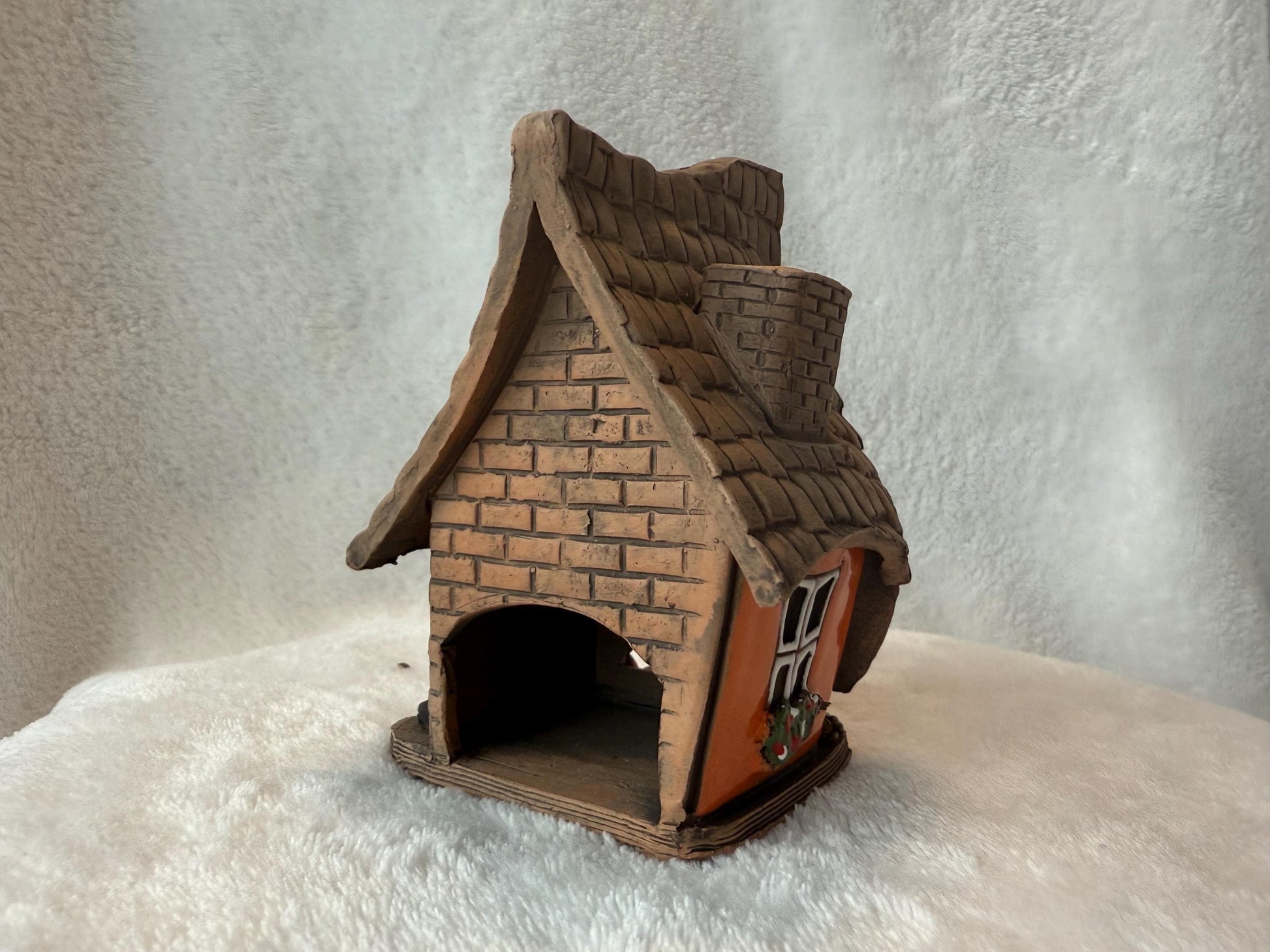 Christmas Ceramic House Collection - Handmade Collectible Miniature, Candle Holder, Room Decoration, Home Decor (R55 Orange)