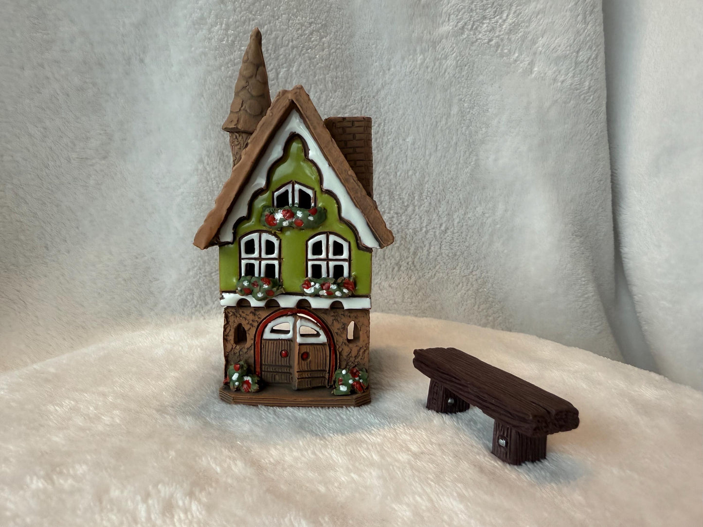 Christmas Ceramic House Collection - Handmade Collectible Miniature, Candle Holder, Room Decoration, Home Decor (R90 green)