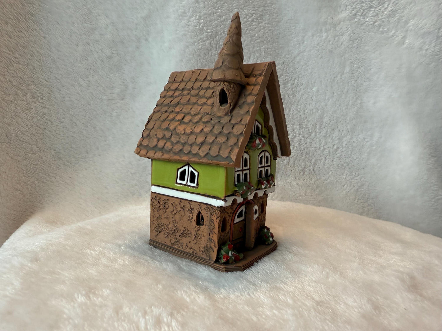 Christmas Ceramic House Collection - Handmade Collectible Miniature, Candle Holder, Room Decoration, Home Decor (R90 green)