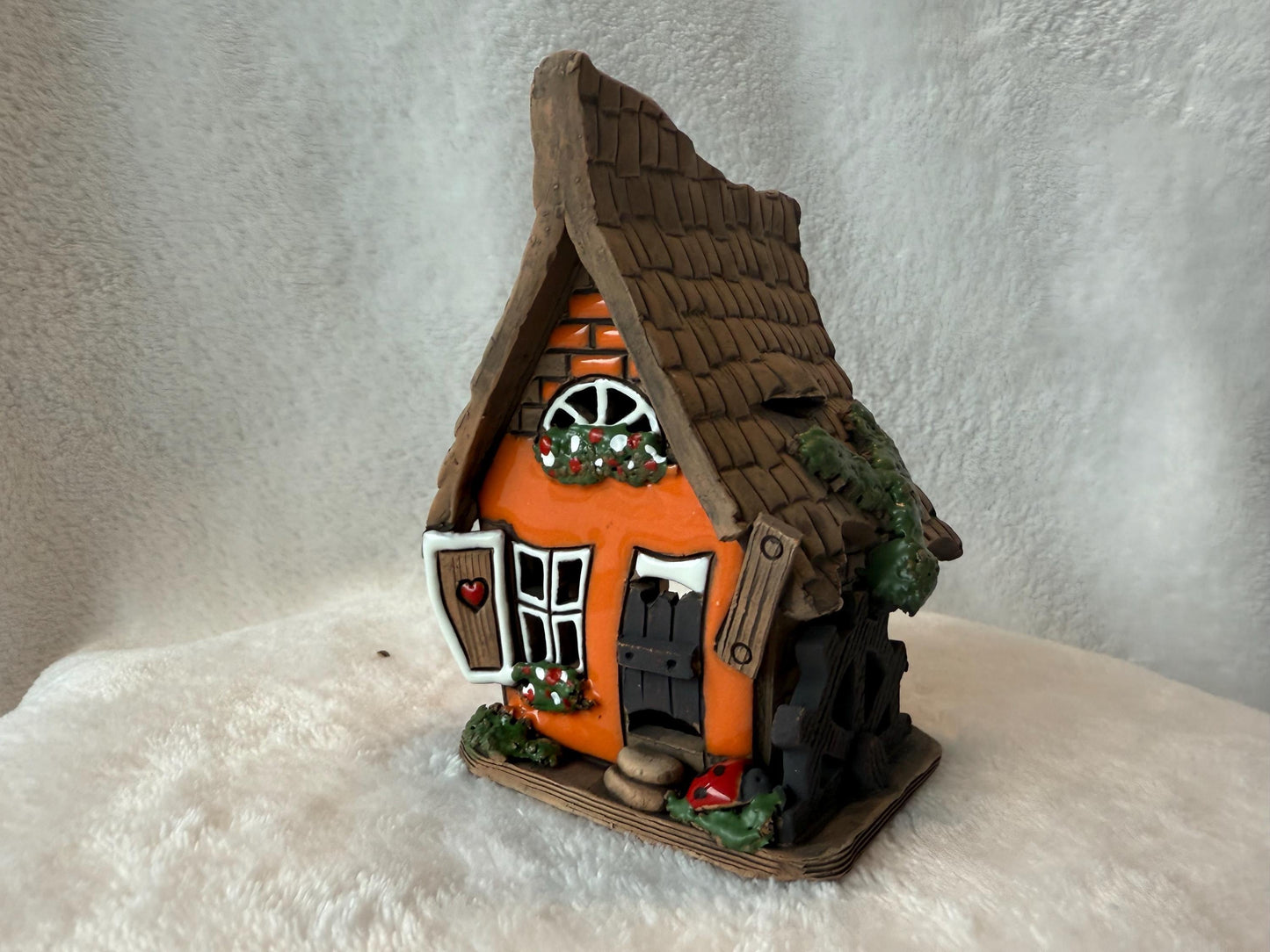 Christmas Ceramic House Collection - Handmade Collectible Miniature, Candle Holder, Room Decoration, Home Decor (R55 Orange)