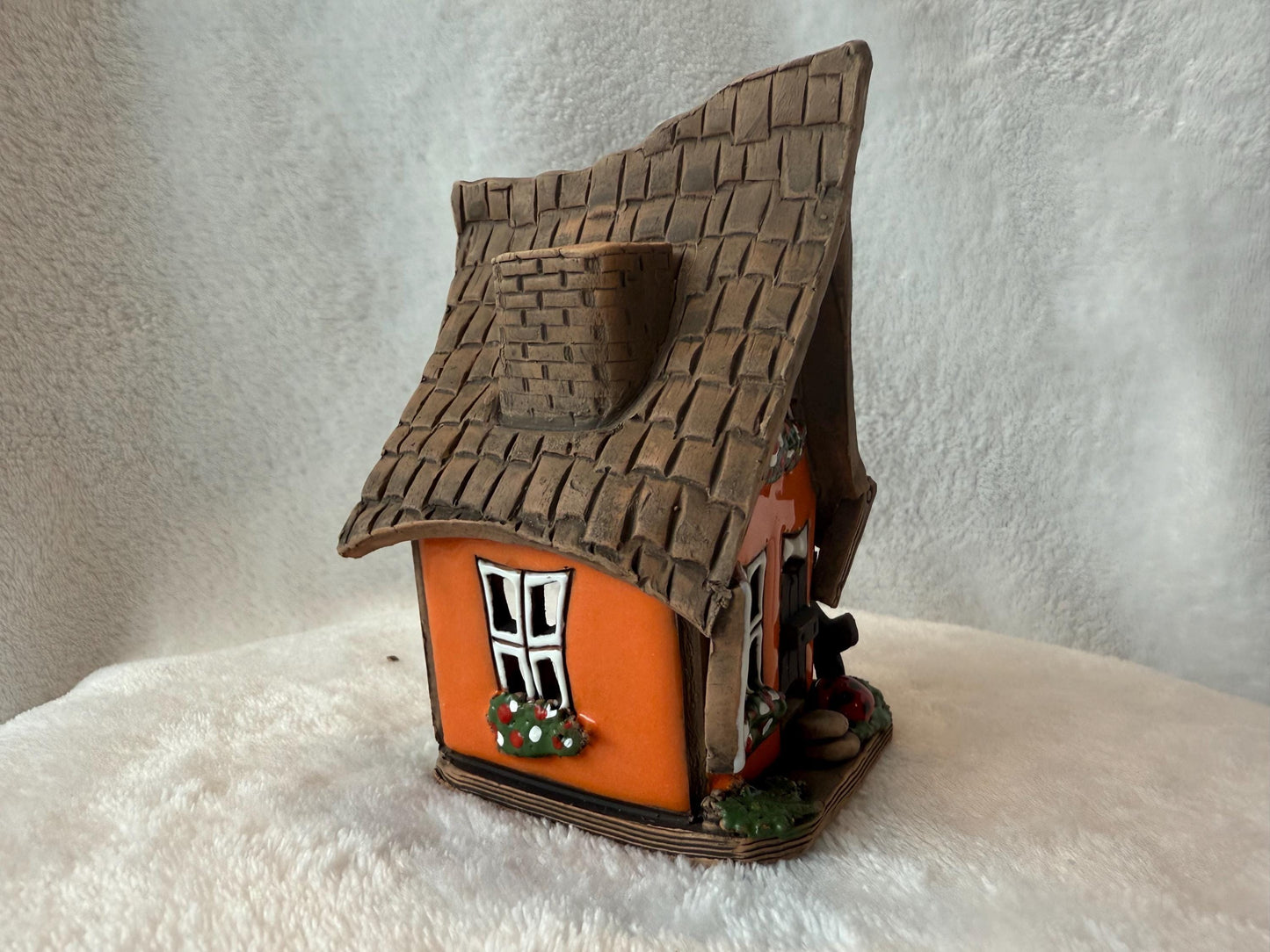 Christmas Ceramic House Collection - Handmade Collectible Miniature, Candle Holder, Room Decoration, Home Decor (R55 Orange)