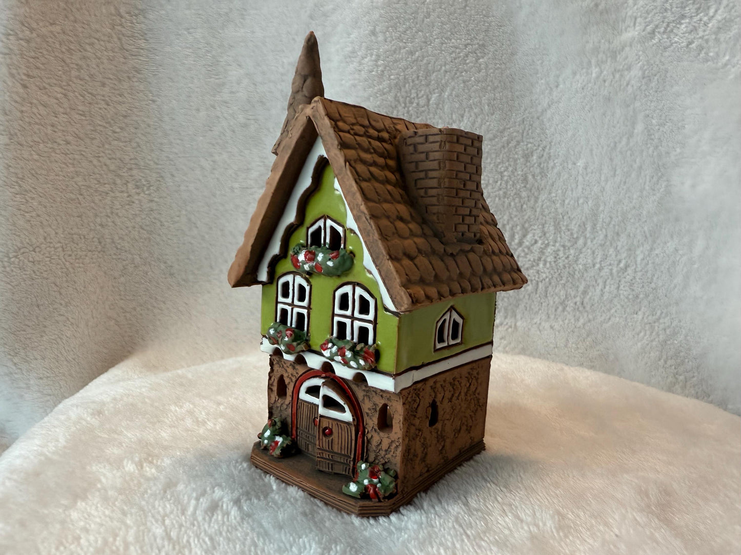 Christmas Ceramic House Collection - Handmade Collectible Miniature, Candle Holder, Room Decoration, Home Decor (R90 green)
