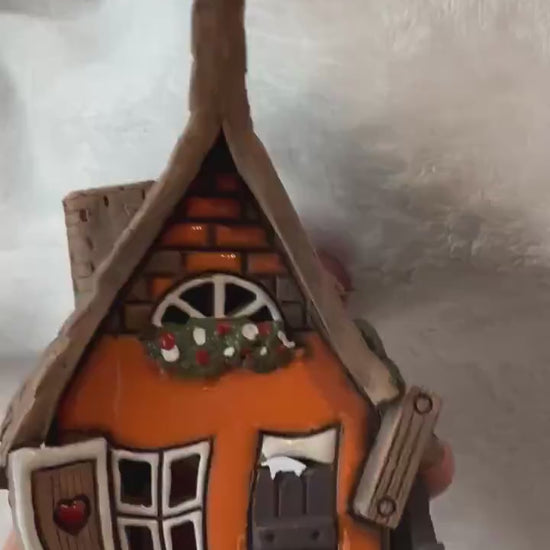 Christmas Ceramic House Collection - Handmade Collectible Miniature, Candle Holder, Room Decoration, Home Decor (R55 Orange)