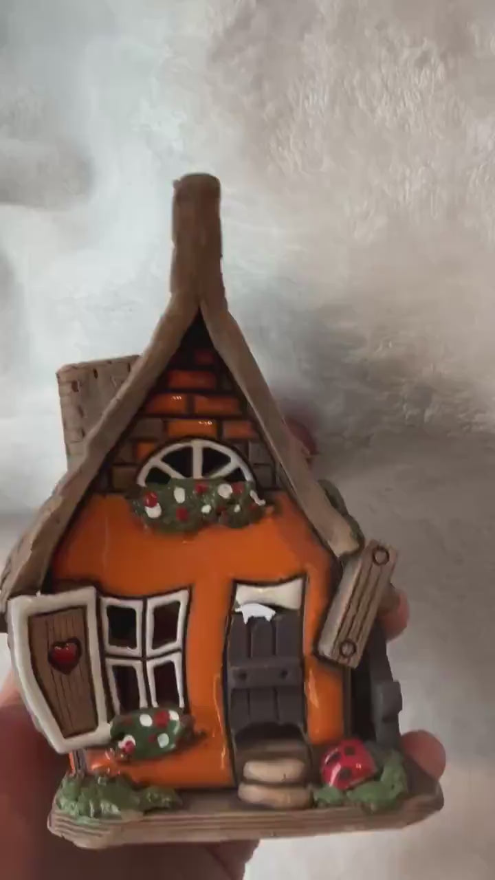 Christmas Ceramic House Collection - Handmade Collectible Miniature, Candle Holder, Room Decoration, Home Decor (R55 Orange)